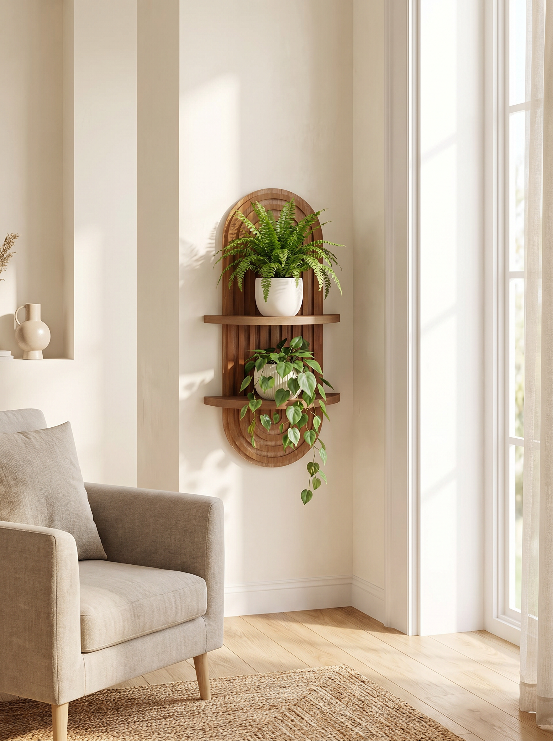 Fernwood shelf holding a plant at window height