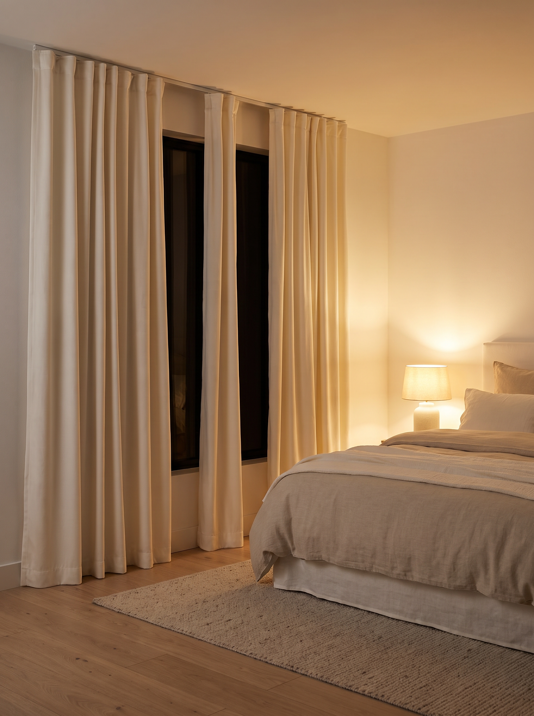 Verona velvet curtains closed at a bedroom window at night