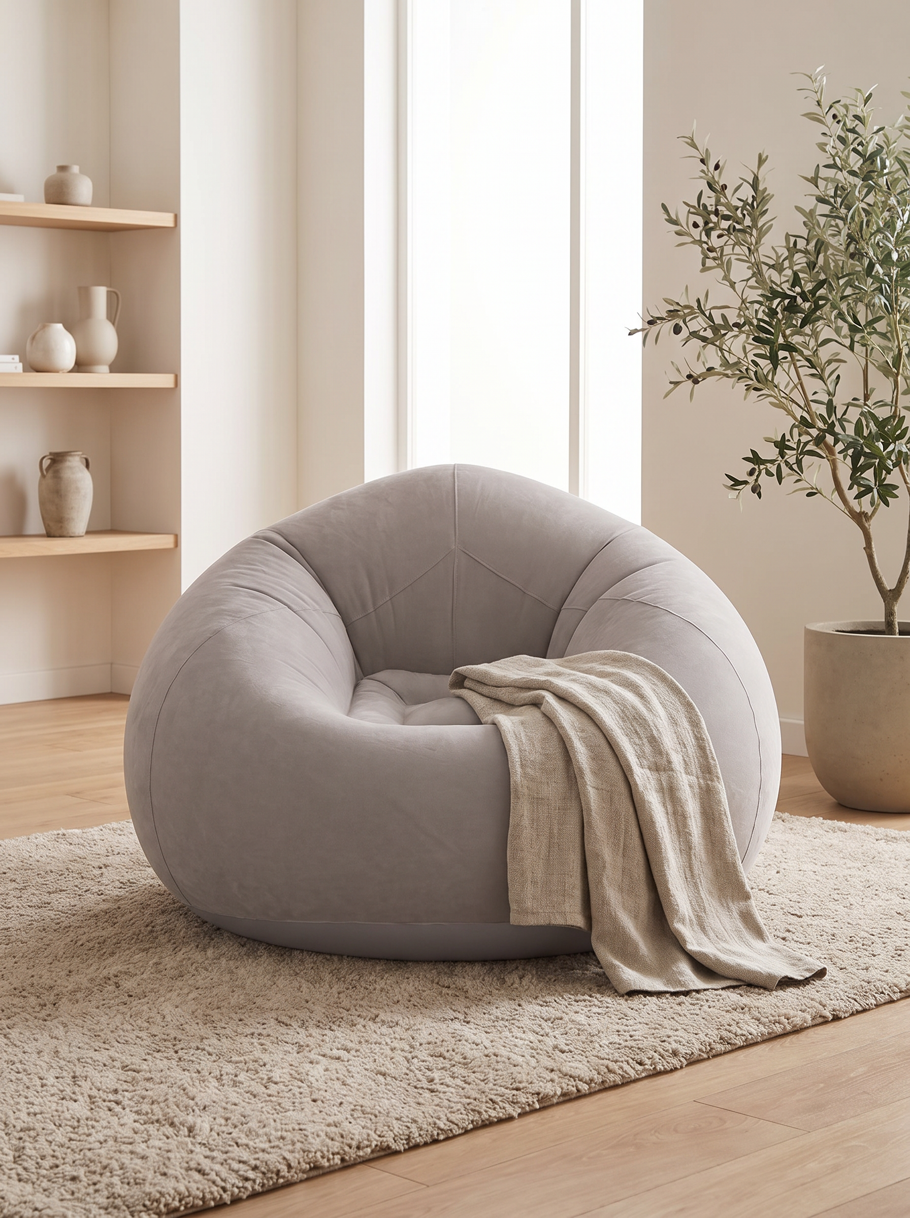 Cloudform chair on a rug with a linen throw