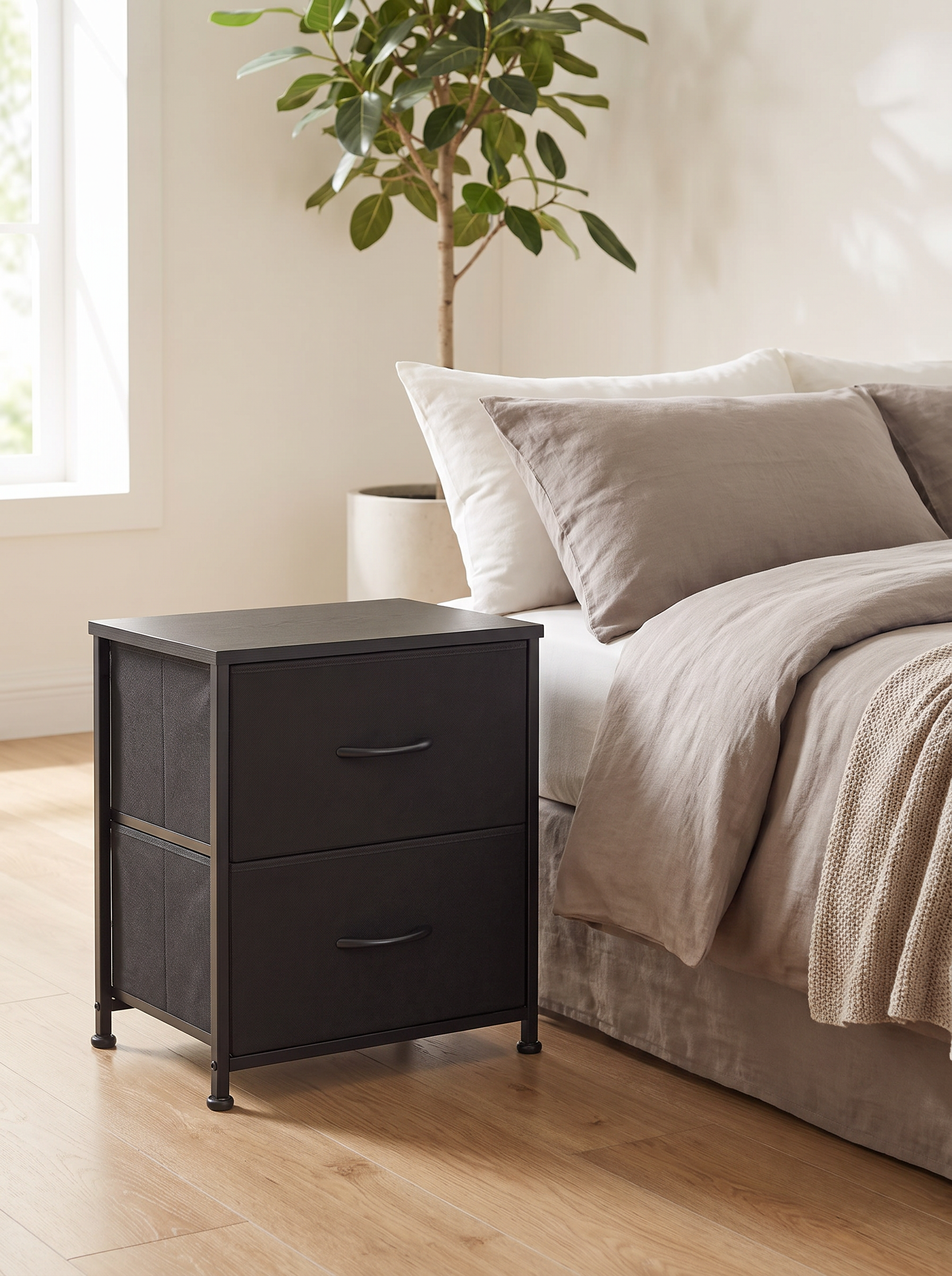 Halden nightstand beside a bed with bins closed