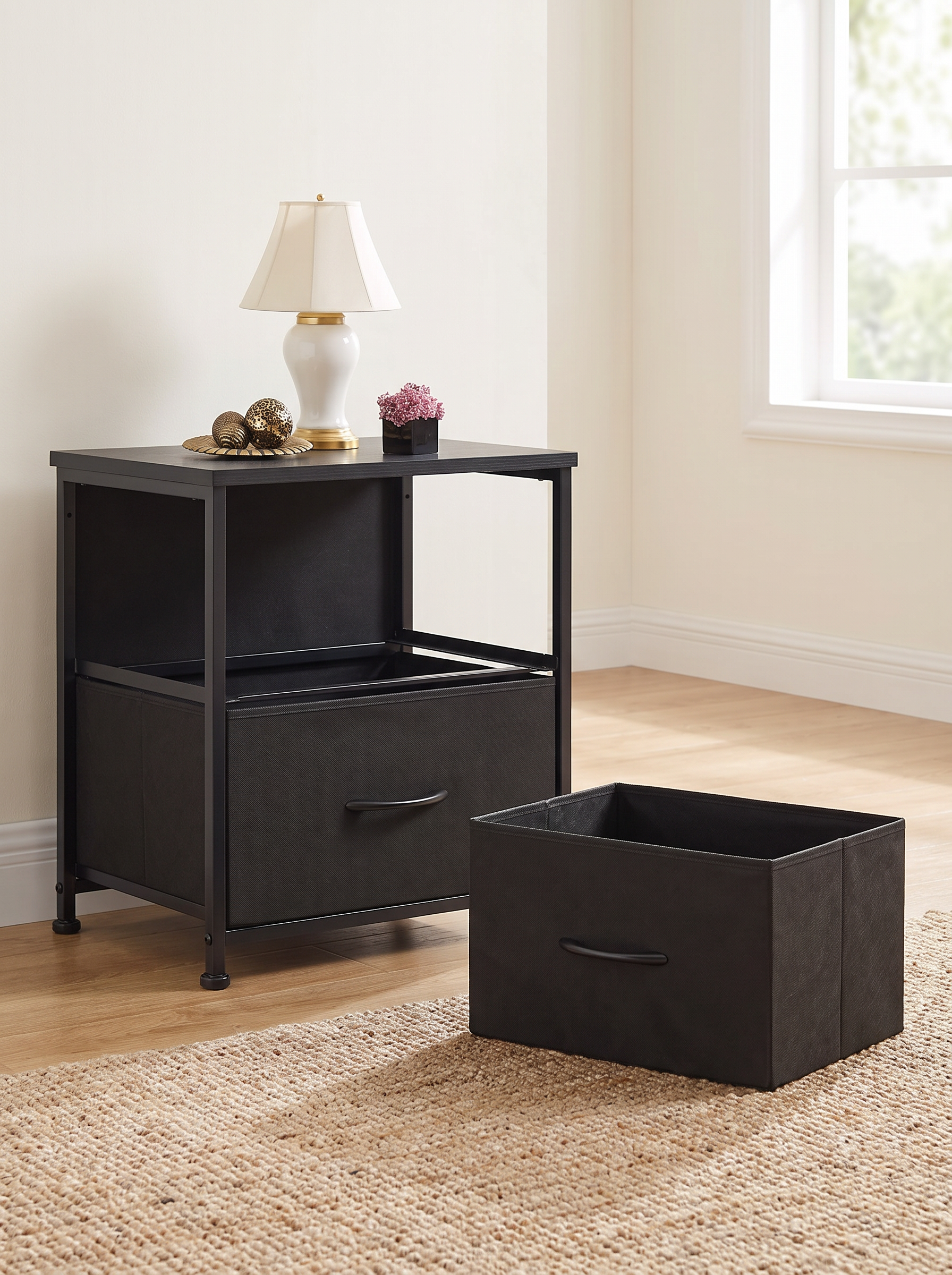 A Halden fabric bin lifted clear of the nightstand