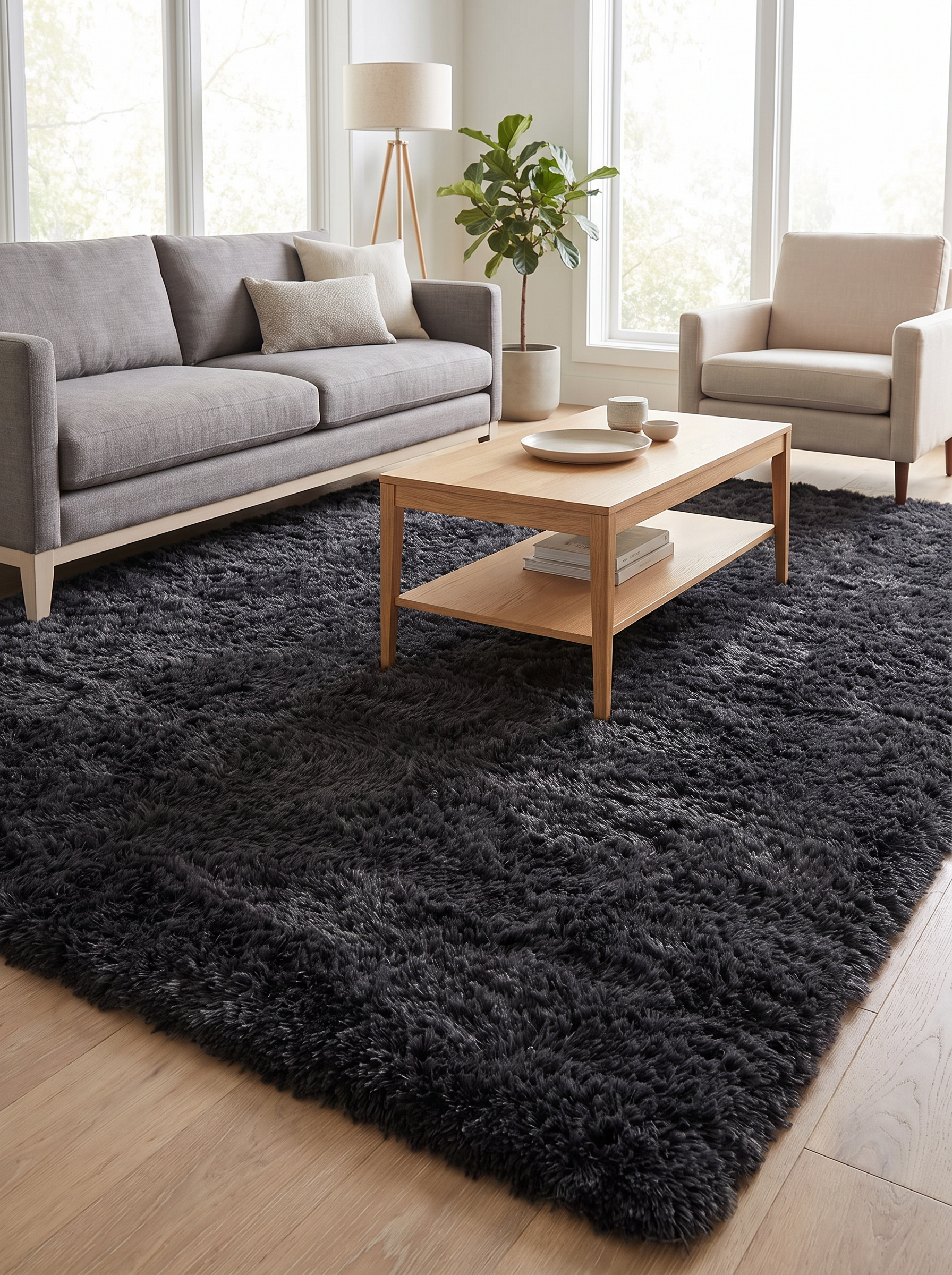 Sable rug grounding pale furniture in a living room
