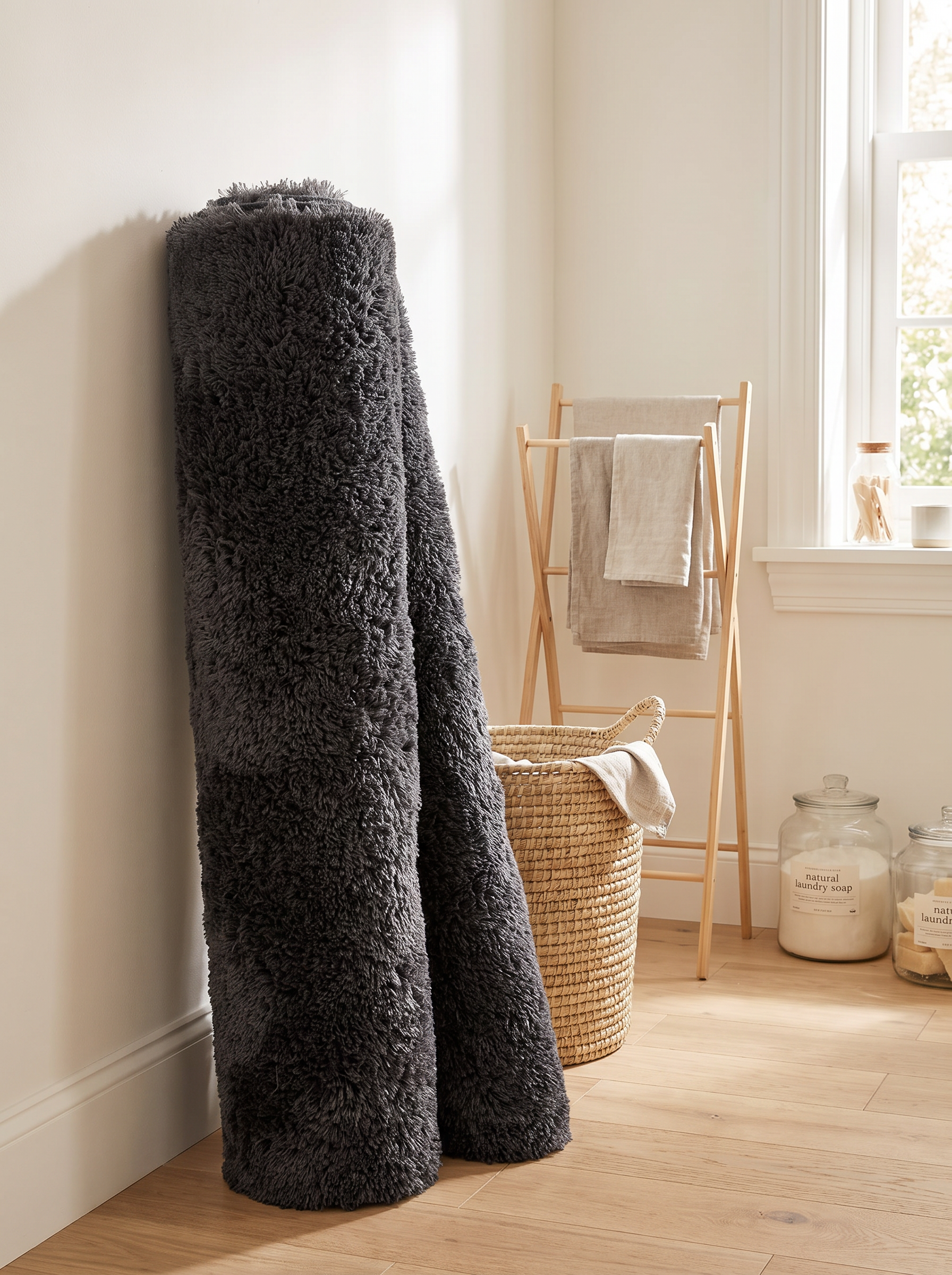 Sable rug rolled and ready for washing